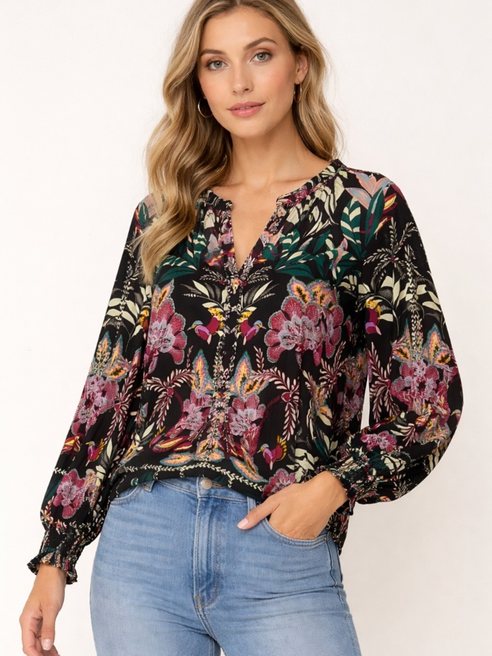 Caballero Miki Top Dusk Primrose Print Floral V Neck Blouse Small